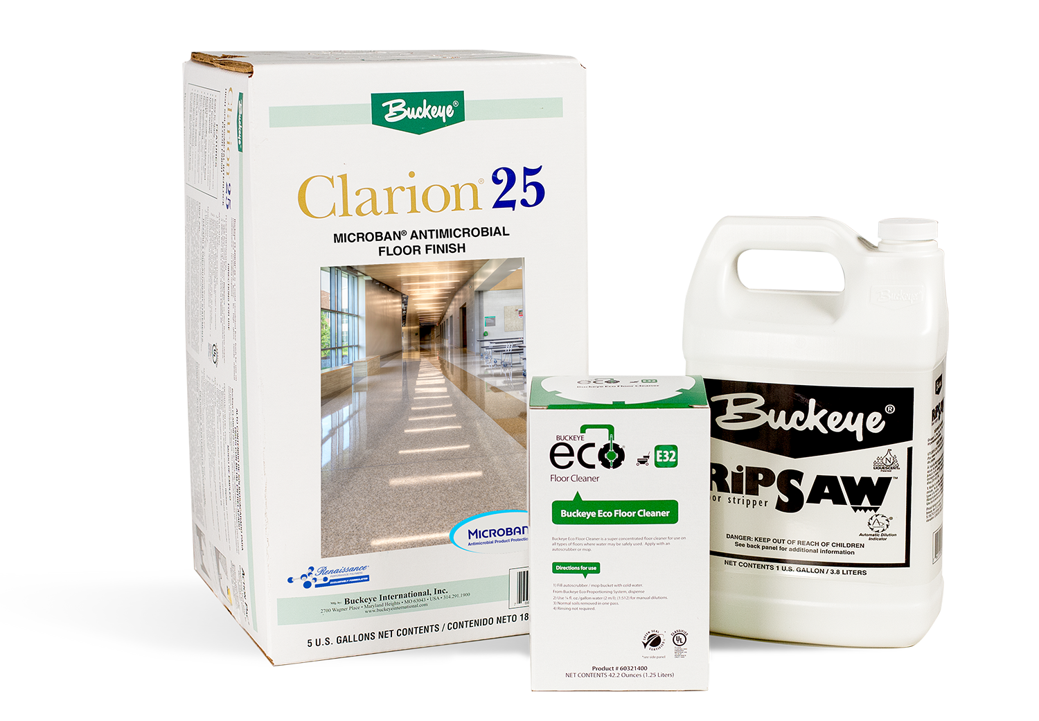 A group of products with a Clarion 25 AP, Eco Floor Cleaner E32 1.25 L box and a Ripsaw gallon.