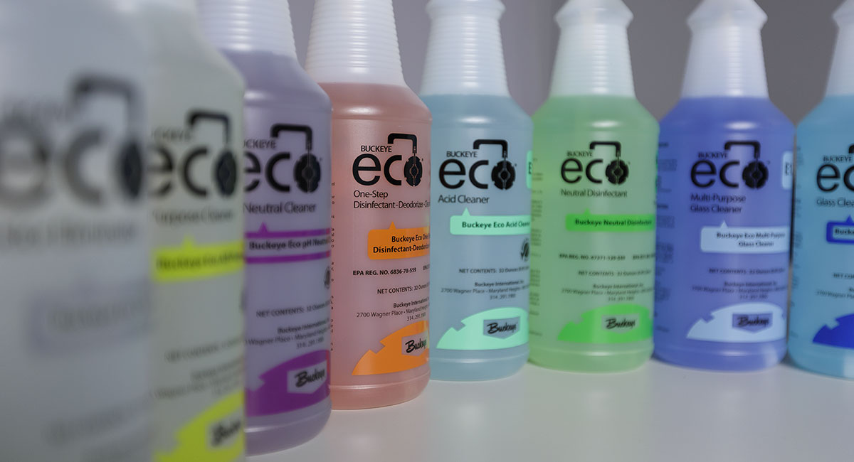 Lineup of Buckeye Eco trigger sprayer bottles