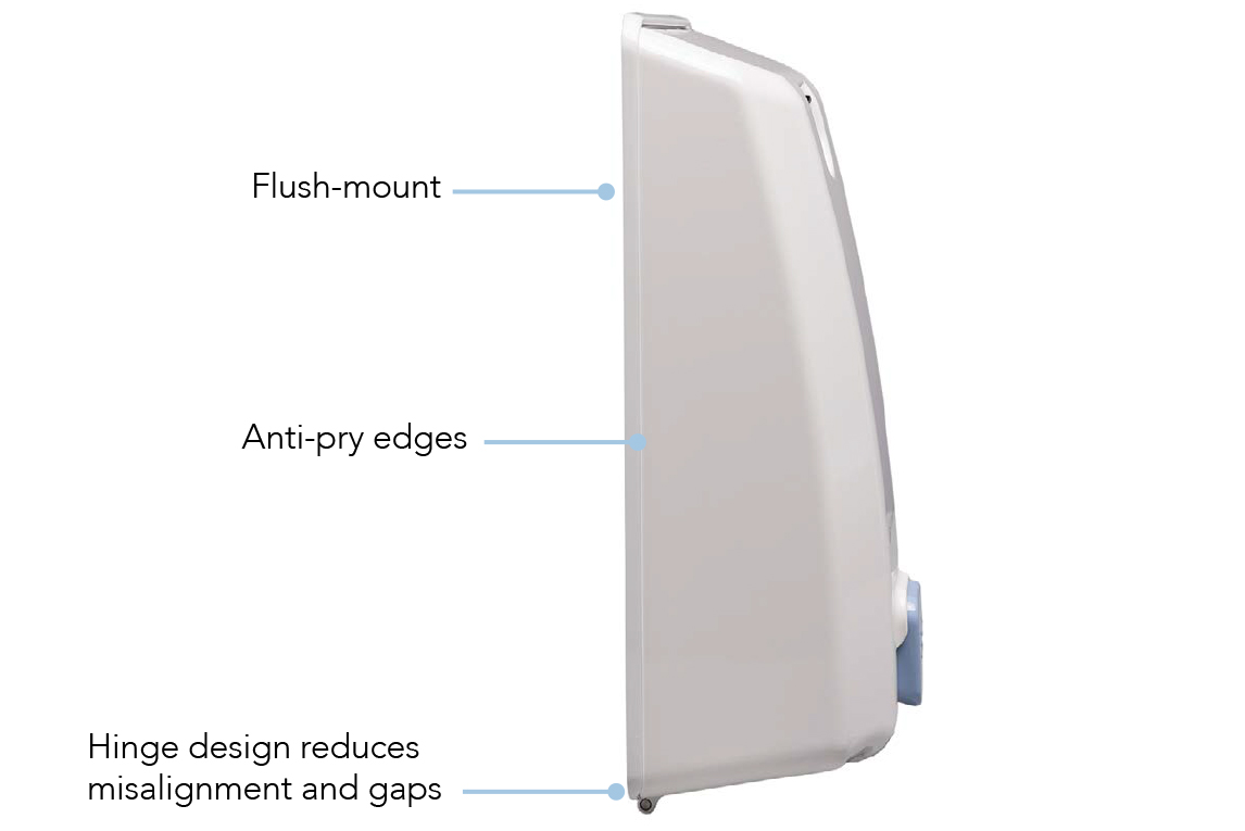 Flush-Mount, Anti-Pry Edges, Hinge design reduces misalignment and gaps